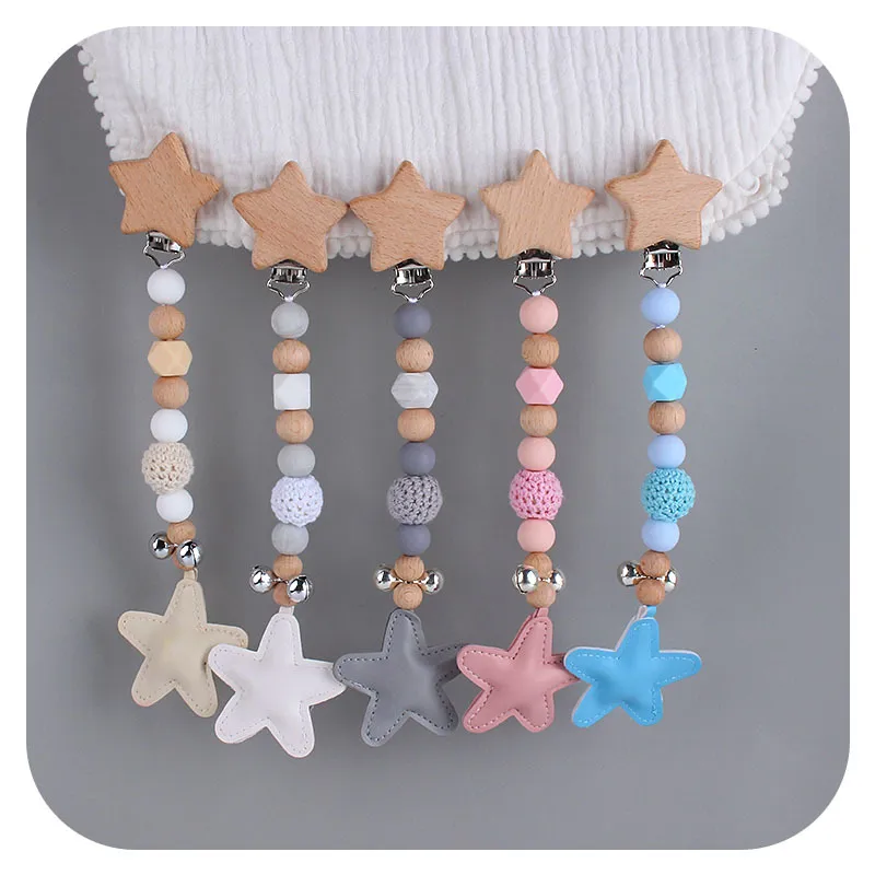 Baby Soother Clip Diy Creative Wood Cartoon Five-Pointed Star Pacifier Clips Star Bell Pacifier Chain Baby Carriage Hanging Jewelry M3075