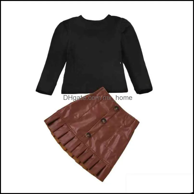 Sping Fashion Kids Baby Girl Clothing Solid Knitted Top Long Sleeve Sweater button Pu A-line Skirt 2pcs Black Brown