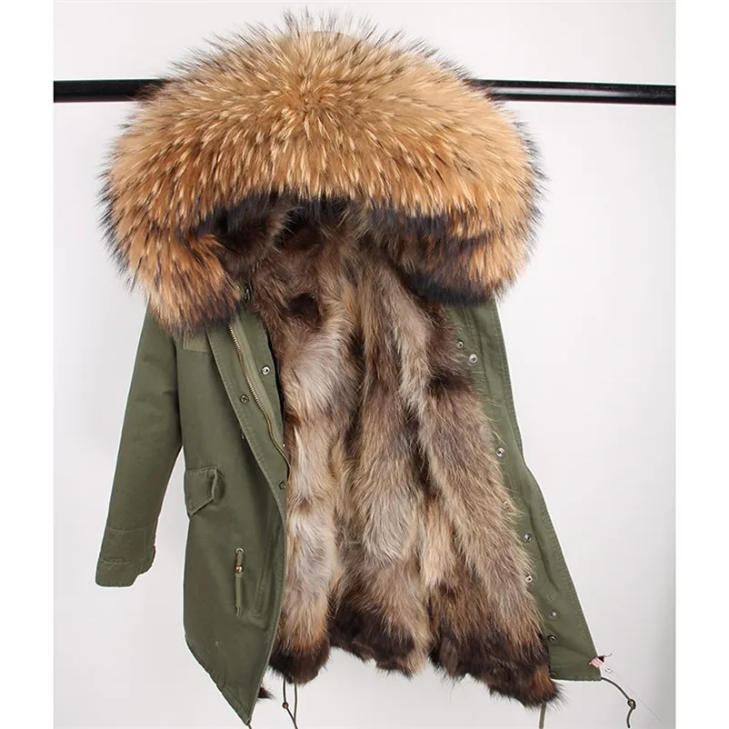 Réel Manteau De Fourrure Longue Parka Survêtement Nouvelle Mode Naturel Col De Fourrure De Raton Laveur Fourrure De Renard À L'intérieur Veste D'hiver Femmes Survêtement Nouveau 201214