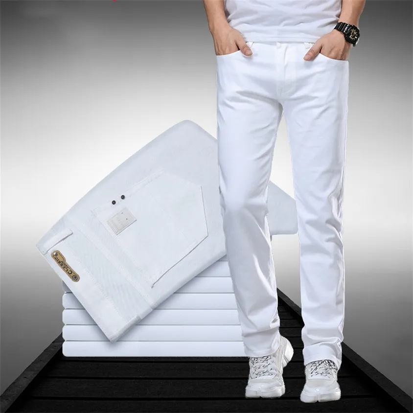 Классический стиль мужские регулярные подходят белые джинсы бизнес умная мода джинсовые продвинутые растягивающие хлопковые брюки мужские брюки, 109 220221