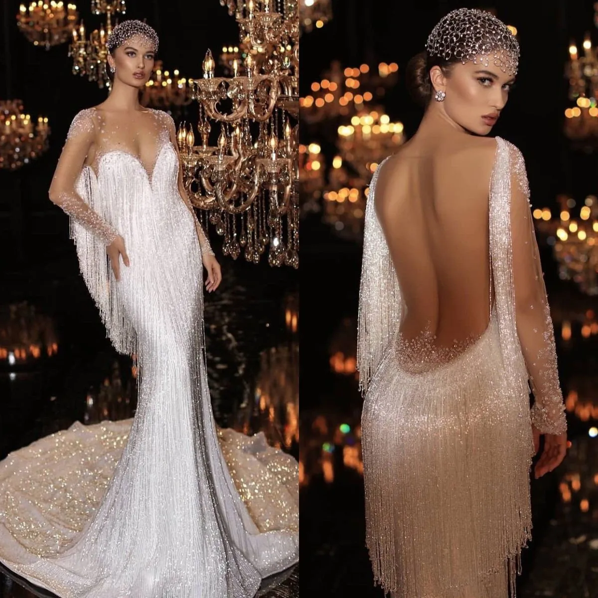 2021 nouvelles robes de mariée sirène paillettes perlées glands pure manches longues Sexy luxe robes de mariée brillant vestido de novia