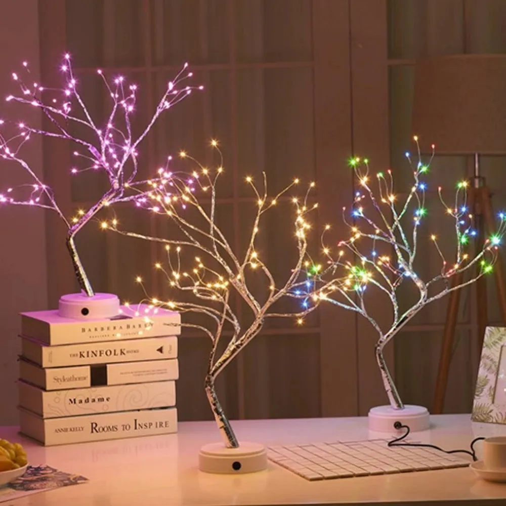 Lampada da tavolo USB 3D Filo di rame Albero di fuoco di Natale Luce notturna per la casa Vacanza Camera da letto Interni Bambini Bar Decor Fata luce