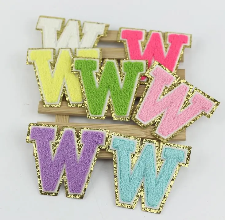 2 Iron-On Letters Multicolor Patch, Chenille Letters With Gold Trim