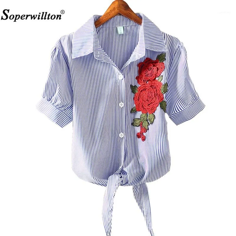 Camicette da donna Camicie all'ingrosso-Top 2021 Kimono Gessato Orlo Camicetta da donna Manica corta a sbuffo Camicia a righe blu Blusas Applicazione ricamata