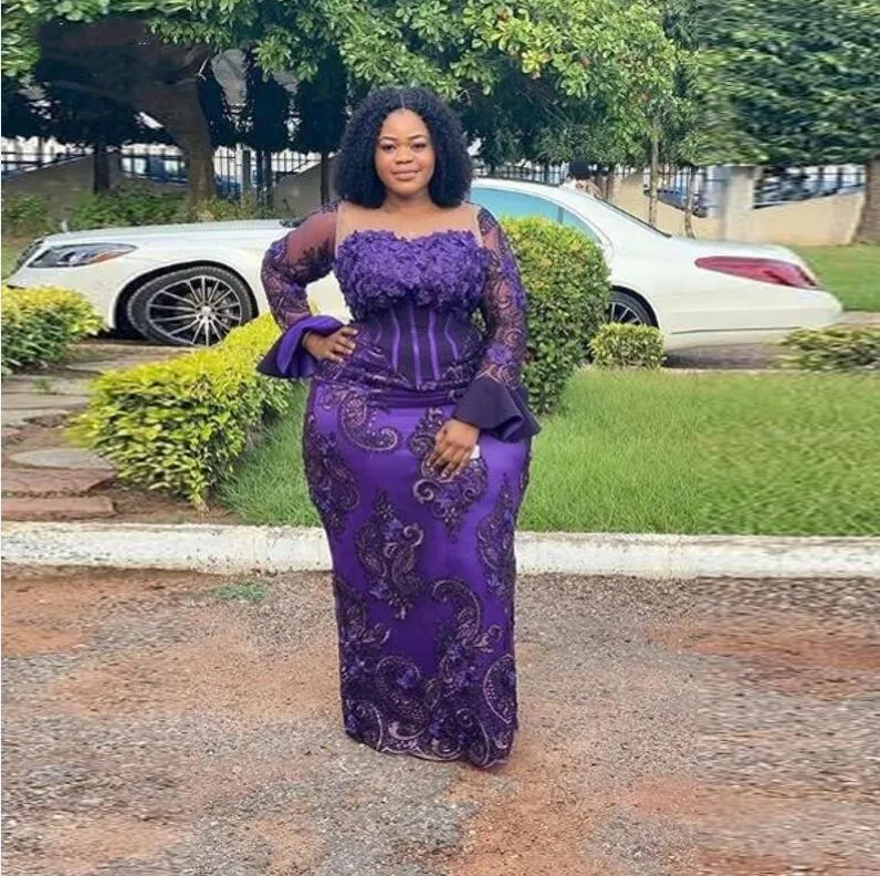 Elegant Plus Size Purple Lace Mother of the Bride Dress - Sheer Neck, Long  Sleeves, Aso Ebi Style, Floor-Length Evening Gown