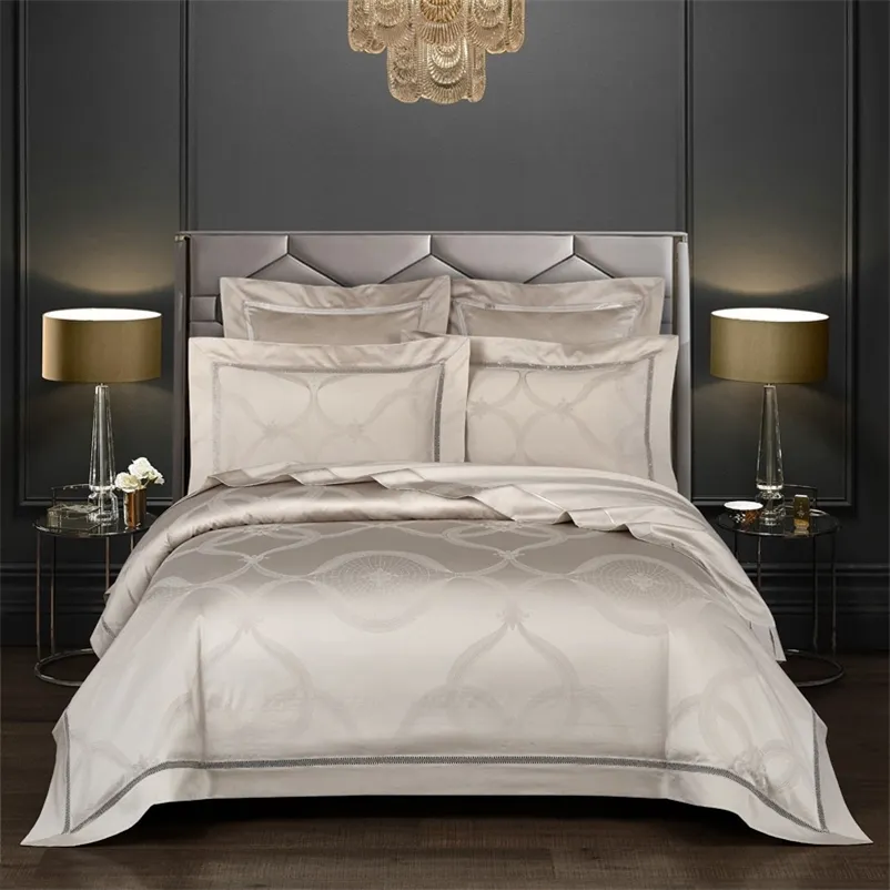 Luksusowy Egipski Bawełna Jacquard Duvet Cover Set Premium Srebrny Szary Pościel Zestaw Comforter Pokrywa Bed Arkusz 4 sztuk Królowa King Size 201021