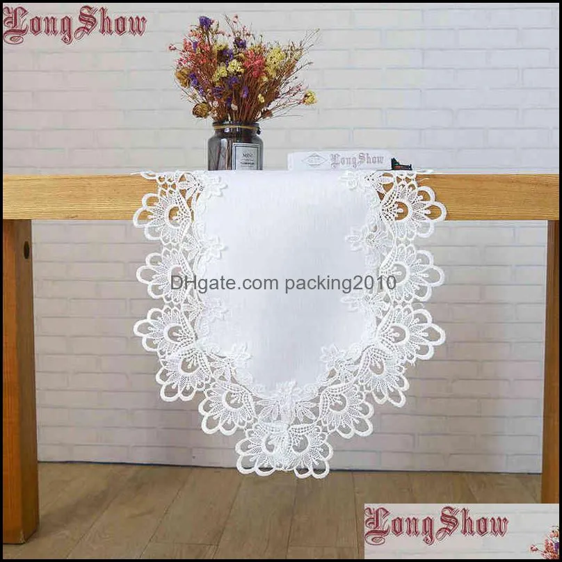 Luxury Embroidered Lace Trim White Color Polyester Slubbed Cloth Floral Style Table Runner Shoe Cabinet TV Stand Cover Bed Flag 220107