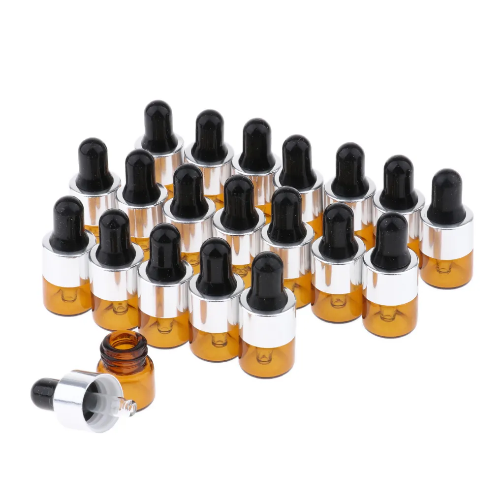 20 Pack Refill Empty Mini Amber Glass  Oils Dropper Bottles Jars, 1ml, for Cosmetic Perfume Sample Liquid Makeup