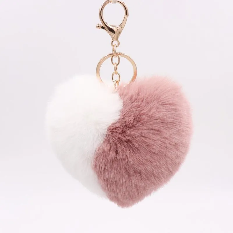 Trendy Double Color Heart Keychains for Women Pom Pom Faux Fur Key Chain Pompom Car Keyring Bag Pendant Accessories1314r