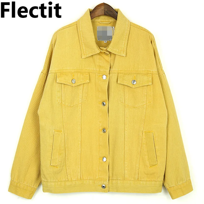 Flectit 2019 High Quality Candy Colored Denim Jacket Women Oversize Long Sleeve with Lapel Pocket Loose-Fit Female Jeans Jackets T200319