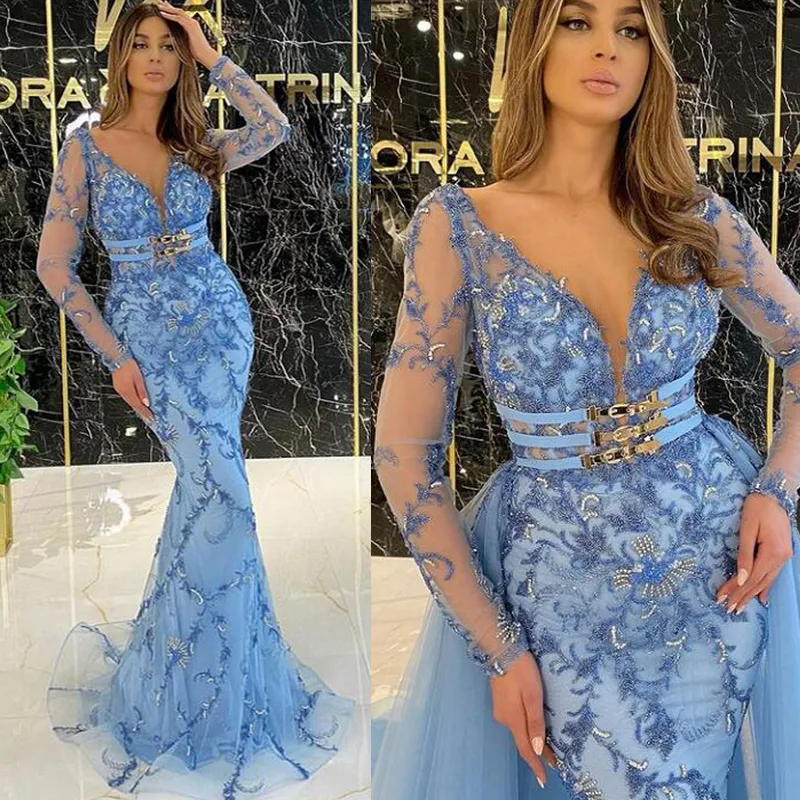 Luxury Sky Blue Lace Mermaid Evening Dress Full Sleeves Beaded Applique Sexy Prom Crows med avtagbara tågpartyklänningar