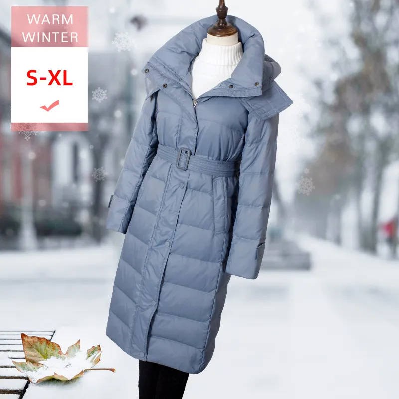 Mode d'hiver Long manteau en duvet de canard blanc avec capuche détachable femme épaisse veste chaude mince avec ceinture coupe-vent bonne qualité 201019