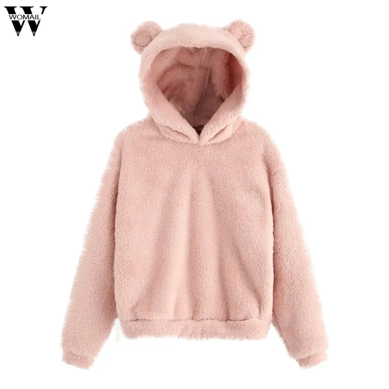 Womail Preppy Mooi met Beren Oren Solid Teddy Hoodie Pullovers Sweatshirt Herfst Dames Campus Casual Sweatshirts Sudaderas LJ201103