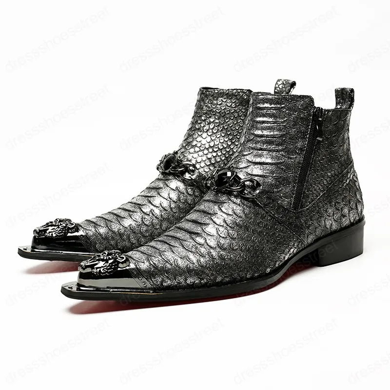 New Winter Snake Skin Men Shoes Genuine Leather Boots Fashion Metal Toe Boots Plus Size Ankle Crystal Chain Boots