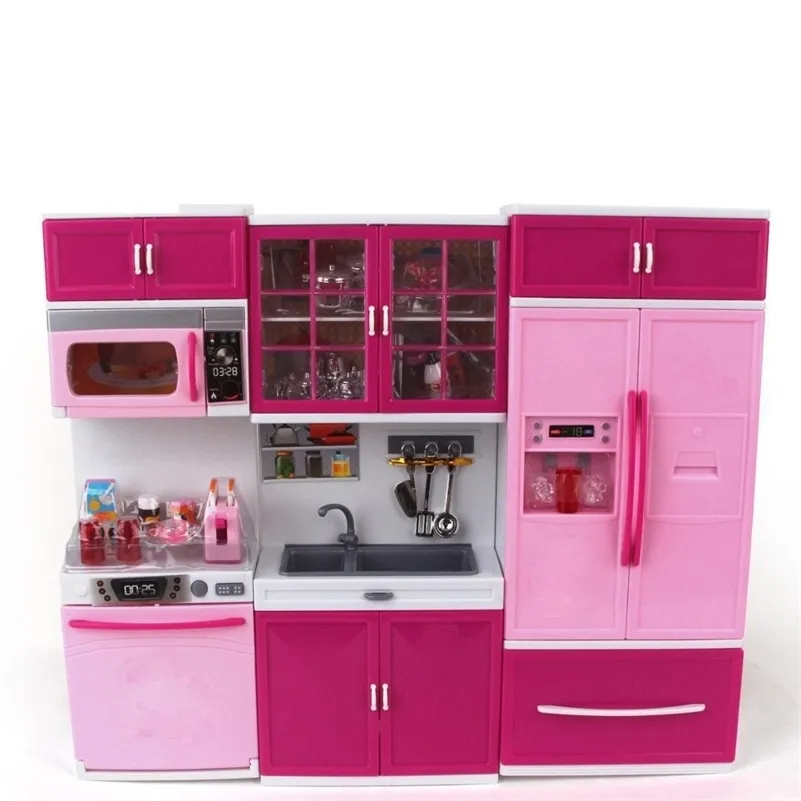 Kinder Große Kinder / 27er Jahre Küche mit Ton und Licht Mädchen Pretend Kochen Spielzeug Spielset Rosa Simulation Schrank Geschenk Spielzeug Lebensmittel LJ201211