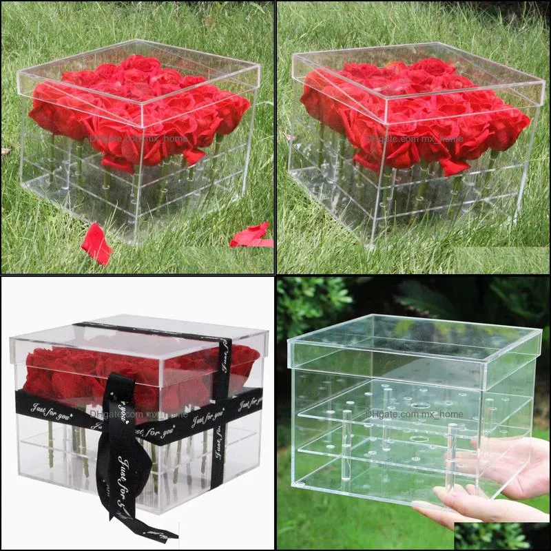 Luxury 16 Holes Clear Plastic Gift Acrylic Rose Flower Box With Lid Valentine Gift Box handmade acrylic