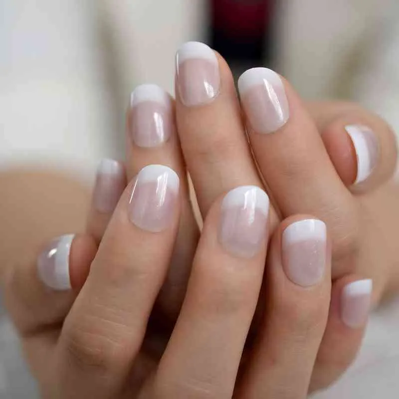 Falska naglar salong akryl franska naglar kort längd ombre runda tips glitter mönster vit tunn falsk nagel 24 ct 220225