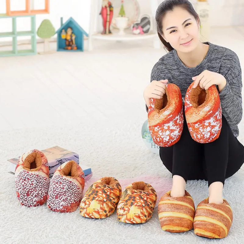 Slippers grappige brood vorm vrouwen winter warm home slipper mannen indoor slaapkamer schoenen zachte pluche vrouwen