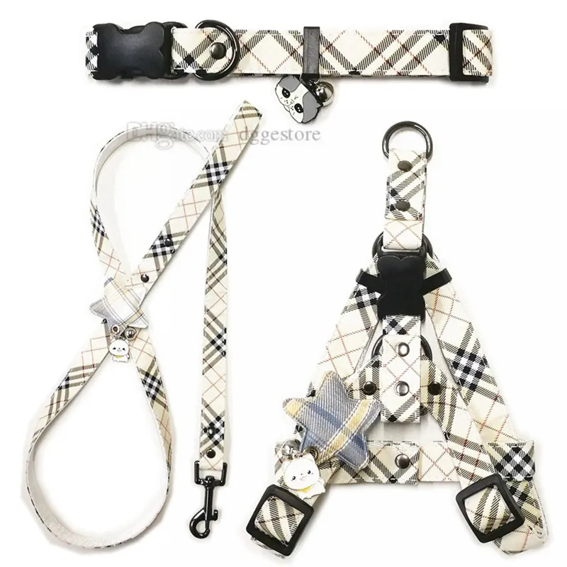 Collari per cani di lusso Guinzagli Set Pettorine per cani di design Modello scozzese Collare per animali domestici e catena per animali domestici per cani di piccola taglia Chihuahua Barboncino Corgi Carlino Bulldog francese Crema B47