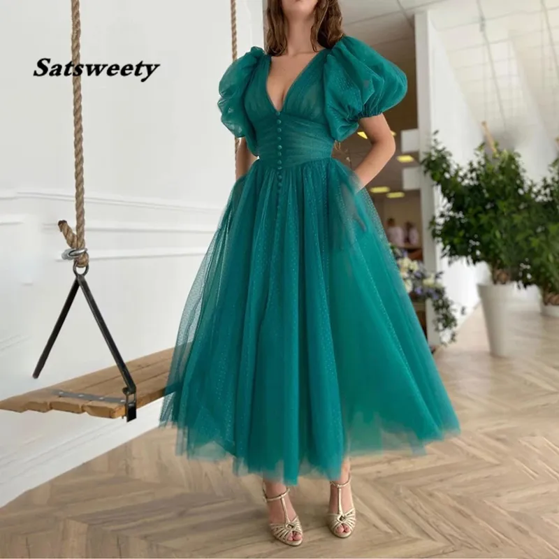 TEAL GRÖN V-NECK PRODED TULLE PROM-klänningar Puff ärmar Ruched A-Line Party Dresses knäppta Top TEA-LÄNGE PROM-klänningar