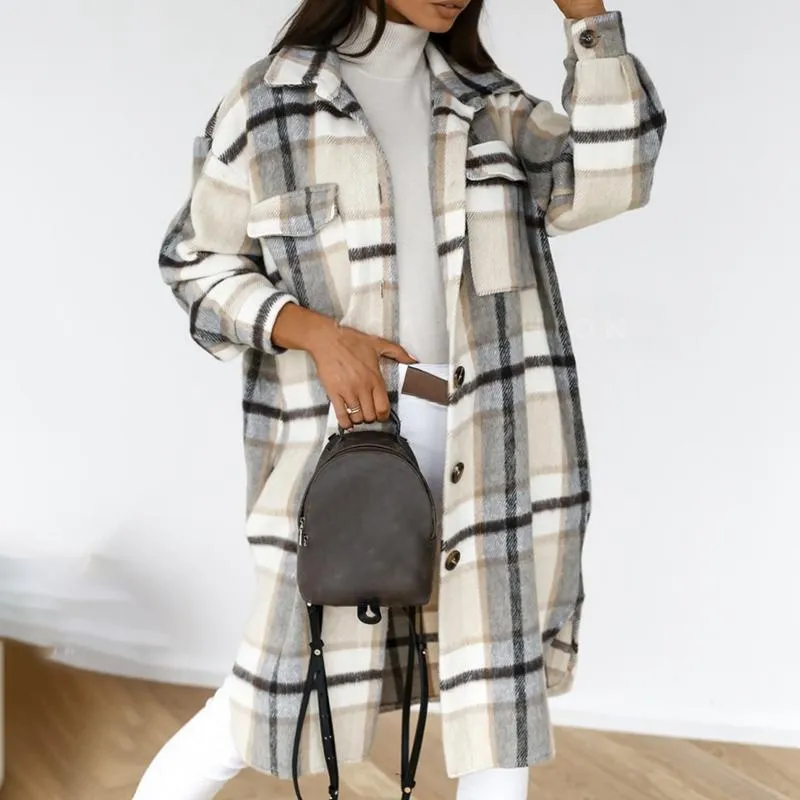 Puimentiua Vintage Women Long Sleeve Woolen Coats Fashion Ladies Thick Plaid Coat Female Streetwear Girls Oversize Jacket Chic