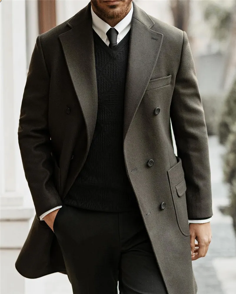 Men's Woolen double breasted wedding tuxedo Coat - Solid Long Sleeve Fleece Overcoat for Streetwear Fashion and Outerwear Men's Woolen double breasted wedding tuxedo Coat - Solid Long Sleeve Fleece Overcoat for Streetwear Fashion and Outerwear