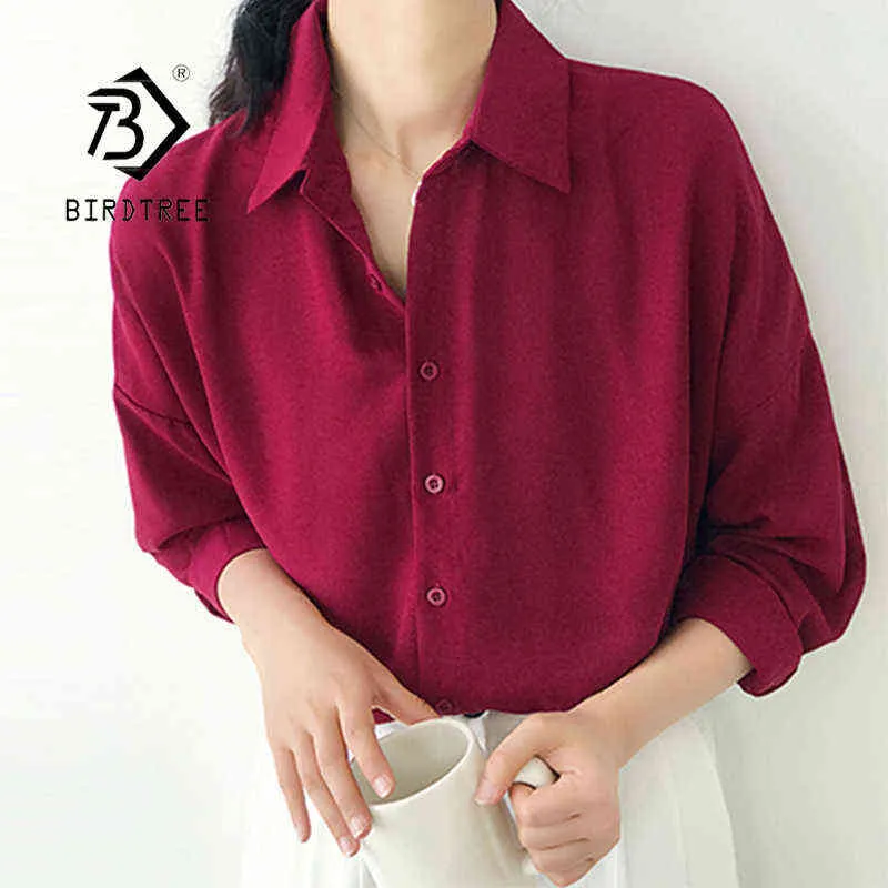 Neue Ankunft Frauen Solide drehen-unten Kragen Chiffon Bluse Oversize Button Up Wein Rot Hemd Korea Stil Feminina Blusa t9O905F H1230