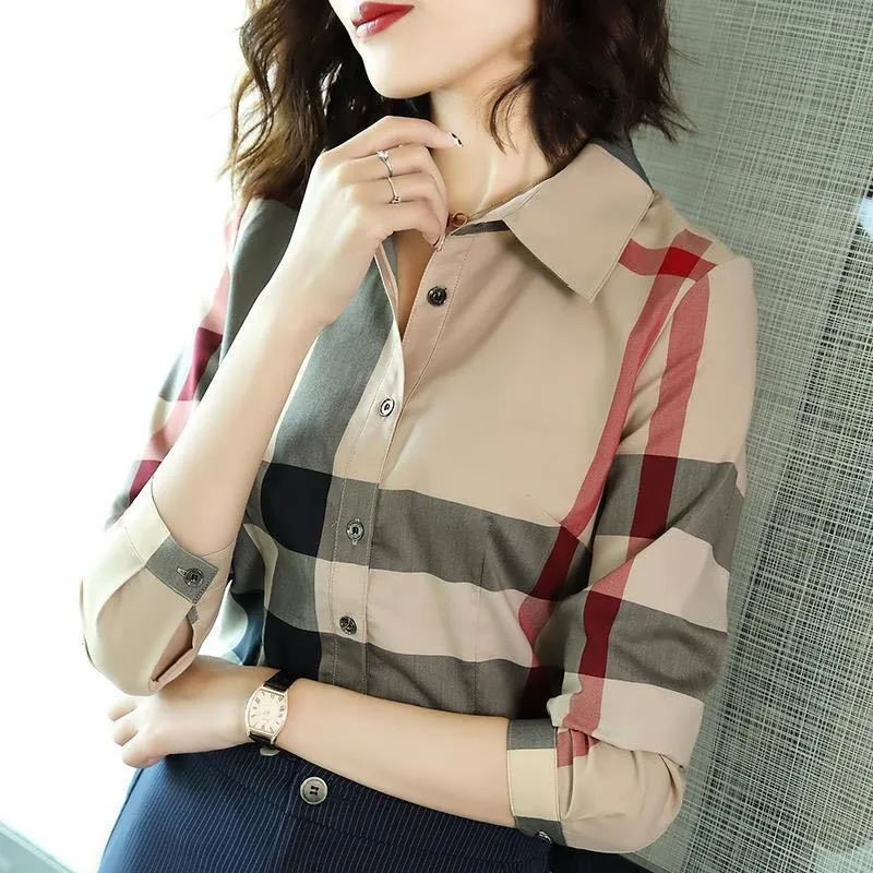 Europe 2020 spring, summer, autumn, winter, four seasons striped printed long-sleeved shirt with lapel and fashionable design blouse. A slim