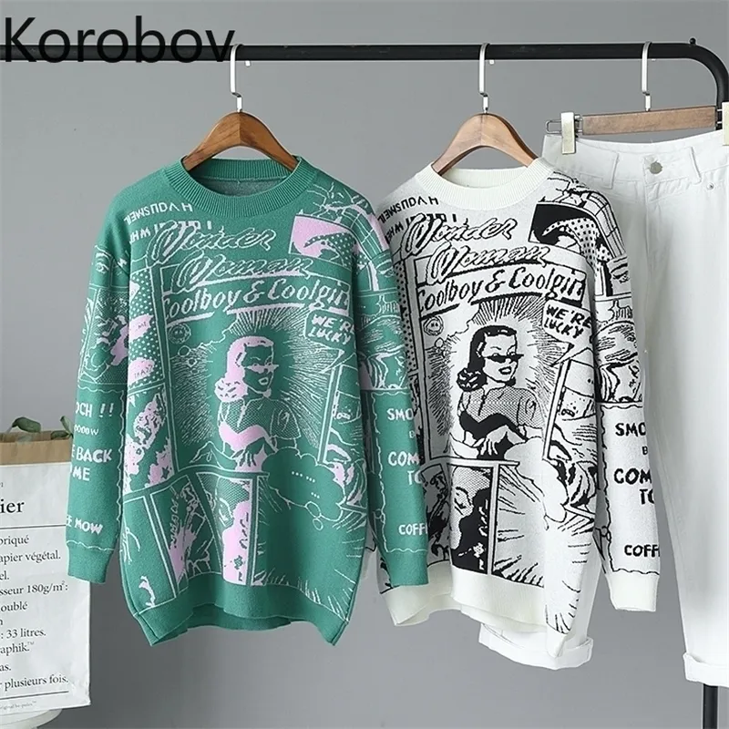 Korobov Harajuku Carttton Pattern Women Sweaters Corean Casual O Neck Pallover a maniche lunghe Suet Mujer 79035 201111