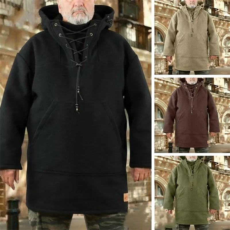 Viking Lace Up Wool Hoodie Warm Winter Medieval Cosplay Costume