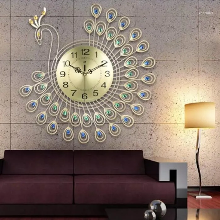Duvar Saatleri Büyük 3D Altın Elmas Tavuskuşu Saat Metal İzle Ev Oturma Odası Dekorasyon Için DIY 53x53 cm1