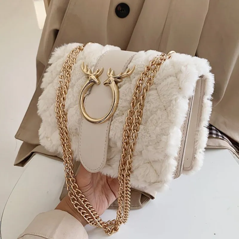 Female Winter Soft Plush Fur Designer Handbag Deer Lock Chain Shoulder Bag sMessenger Crossbody Bags For Luxury Women Bolsa 2021 Q1230