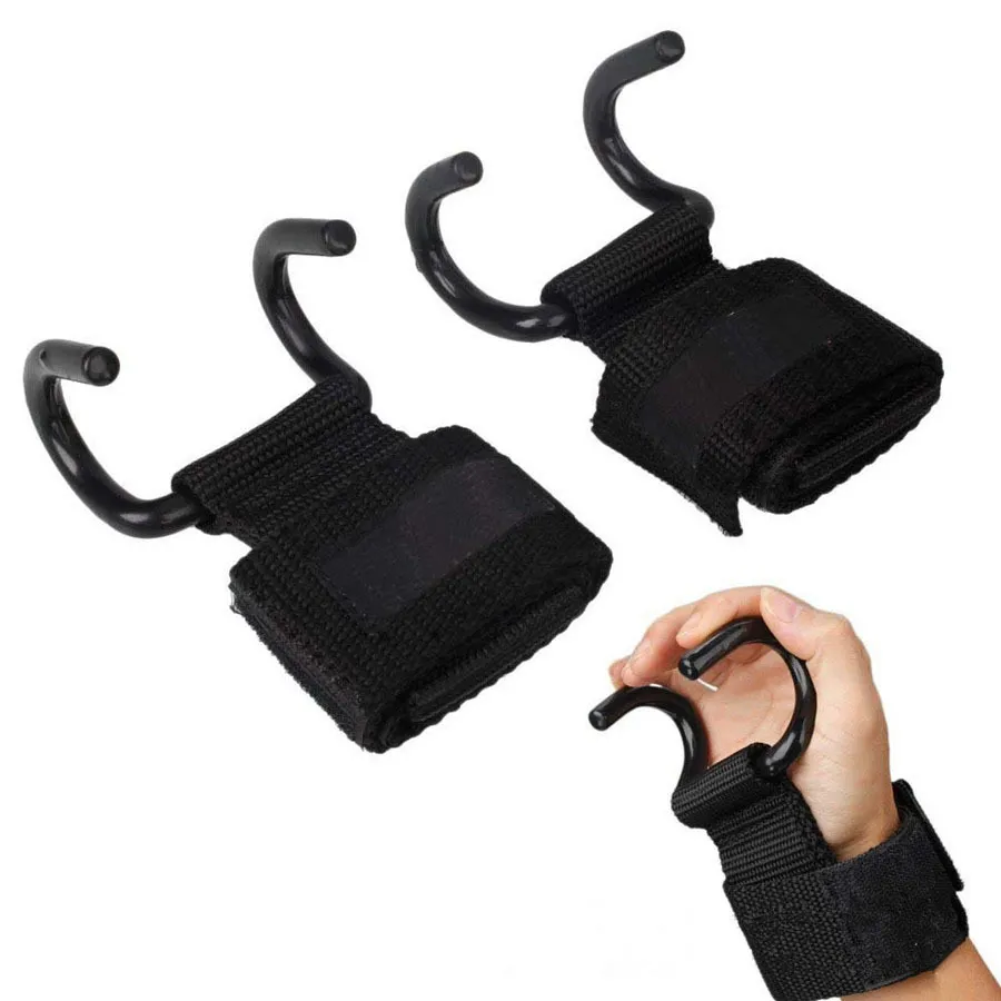 1 Pair Premium Sports Weight Lifting Hook Training Gym Grips Hook Double Barbell Dumbbell Horizontal Bar Power-Training Belt Q0107