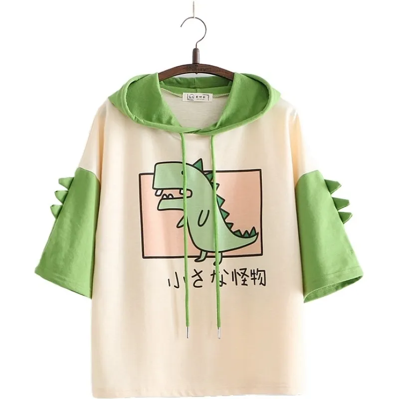 Women Dinosaur Sweatshirts With Horns Sweet Style Short Sleeve Cotton Hoodies Girls Green Hoodie Print Hooded Harajuku Pullovers 201031