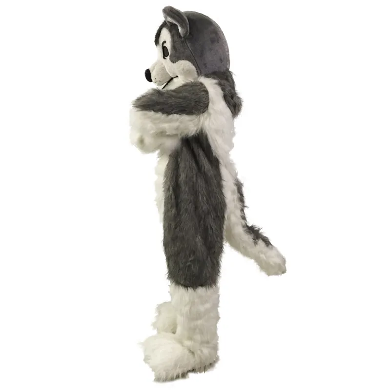 Mascote trajes cinzento lobo husky cão fursuit mascote traje longo festa de pele fantasia vestido vestido promoção carnaval halloween xmas adultos