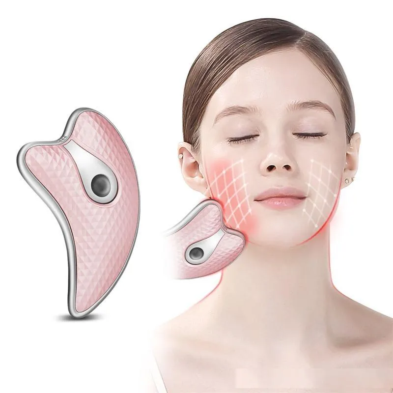 Ny elektrisk vibration Uppvärmning Skönhet Facial Lifting Micro-Aktuellt Skrapinstrument Guasha Tunn Face Massager Scraping Tool