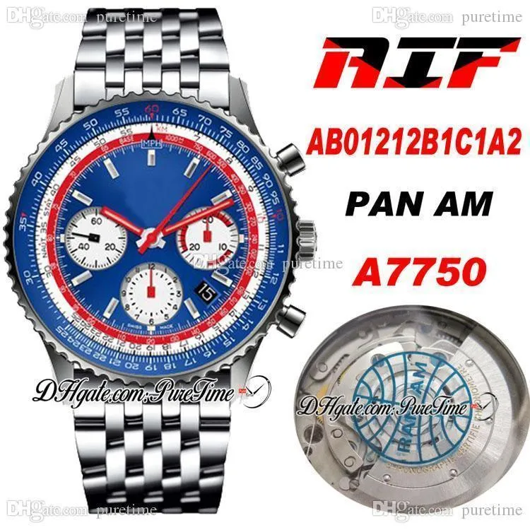 AIF B01 크로노 그래프 43 Swissair A7750 자동 망 시계 AB01212B1C1A2 Blue White Dial Steel Bracelet Best Edition 2020 PTBL PURETIME H8