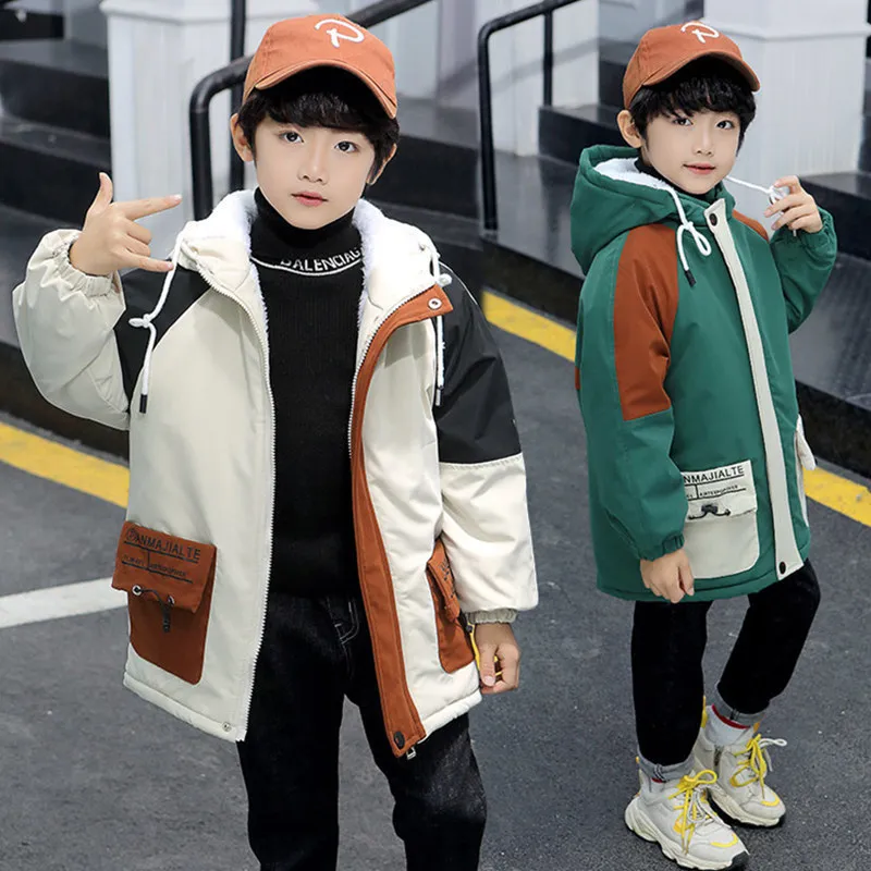 Boys Winter Coat Jackets with Hood Teenage Warm CLothing For Winter Kids Patchwork Hoodie Casual Quilted Coat For Boys 4 13 LJ201203