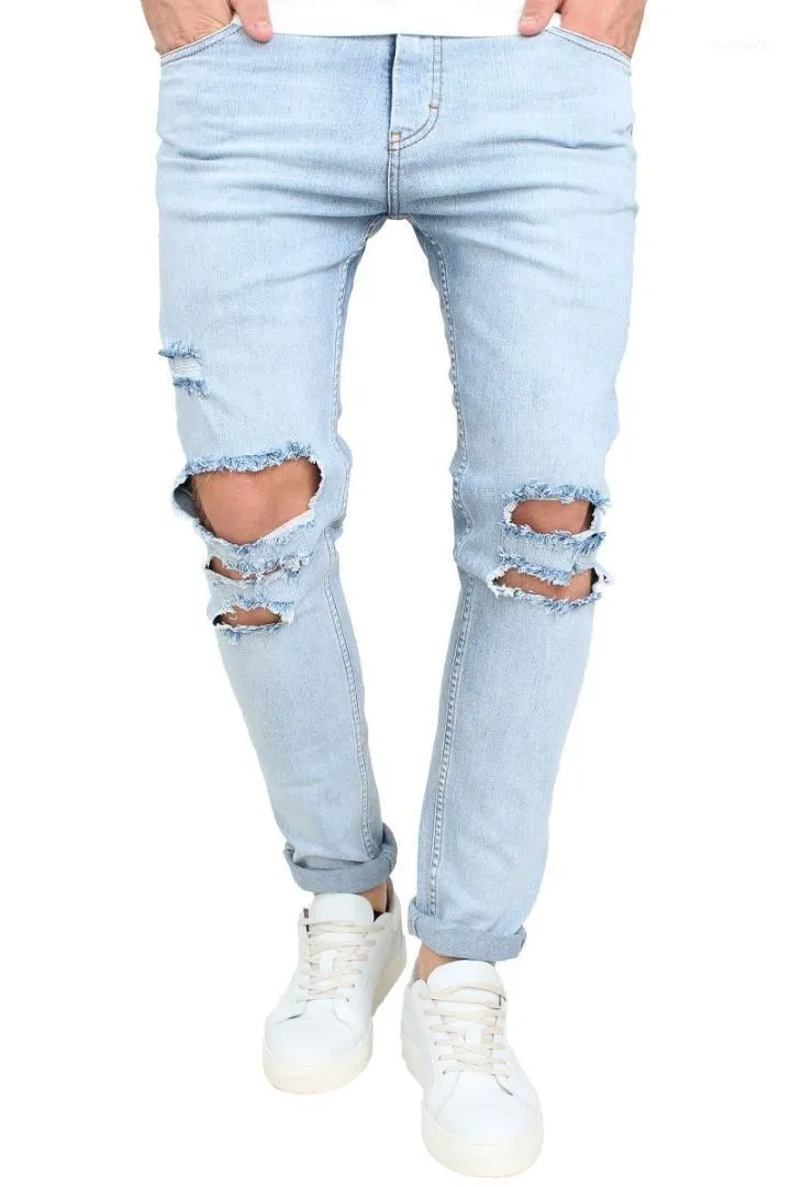 Mäns Jeans Men Vår Sommar Bomull Straight Hip Hop Slim Fit Ripped Keen Hole Casual Skinny Blue Denim Byxor G3P21