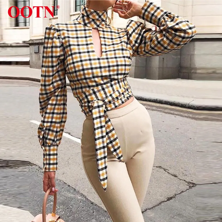 Sexy Backless Plaid Elegant Blouse Women Latern Sleeve Turtleneck Lace-Up Bow Color Block Shirt Hole Vintage Autumn Blouses T200321