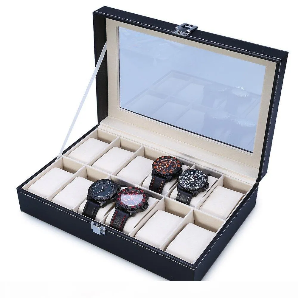 Großhandel-2016 Neue Mode 12 Gids Leder Uhr Box Schmuck Dispay Box Uhren Fall Schmuck Lagerung Organisiert cajas para uhren