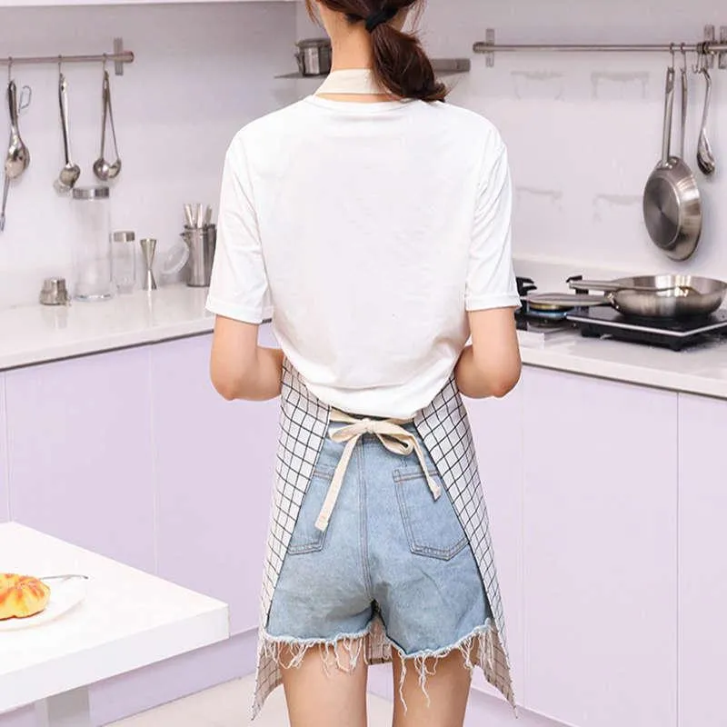 Plaid cotton and linen fashion Korean style adjustable halter apron