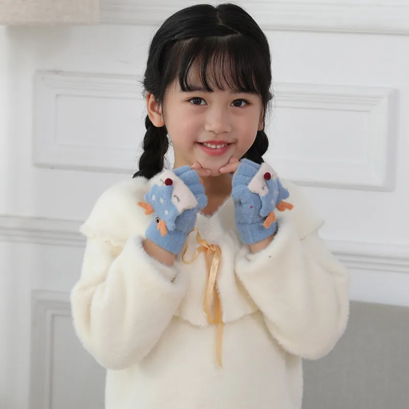 Dziecięce rękawiczki palcowe luksusowe 4-9 lat dzieci zimowe ciepłe kreskówki lis rękawiczki chłopiec/dziewczyny futrz wełna dzieci miękkie pół palca rękawiczki i40