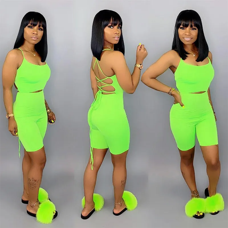 Yellow Lace Up jumpsuit shorts for ladies with Spaghetti Straps and Shorts Sleeveless Backless and Perfect for Summer Fitness T200704
