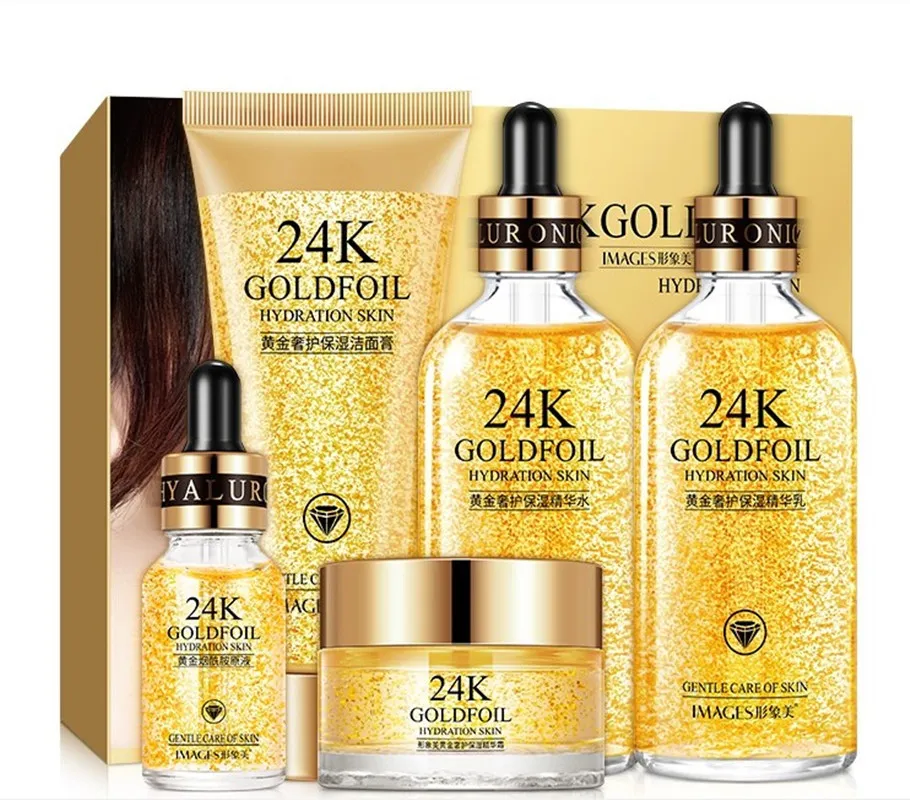 24K Gold Skin Care Set 5 PCS With Box Face Essence Cream Facial Cleanser Kit For Womens