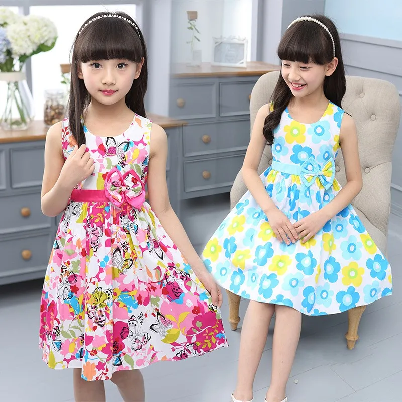 소녀 민소매 드레스 여름 어린이 꽃 드레스 활 나비 아이 소녀 옷 치마 20220223 h1