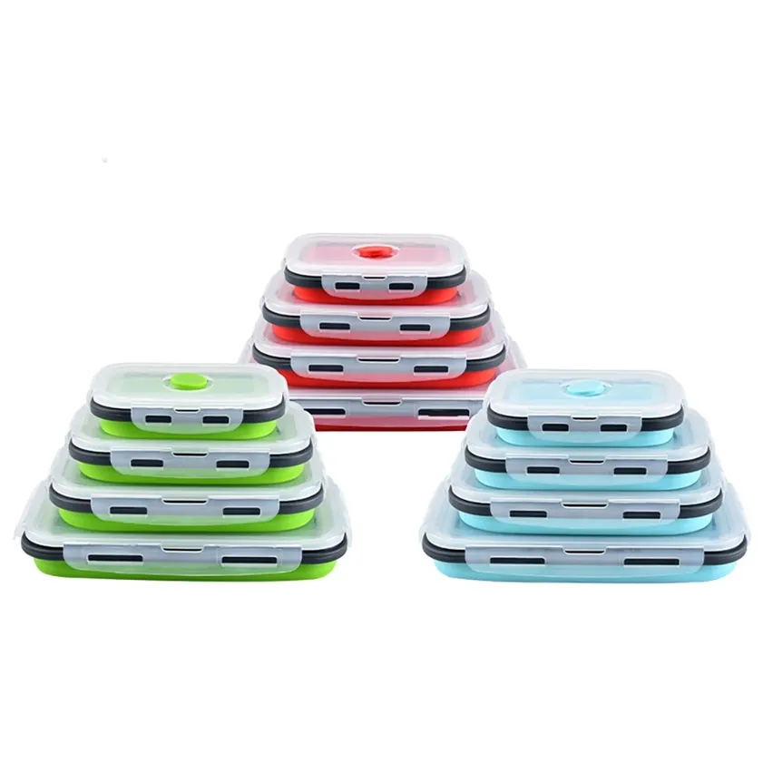 4 Pcs A Free Silicone Collapsible Outdoor Lunch Box Food Storage Container Eco-Friendly Microwavable Portable Picnic Camping 220217