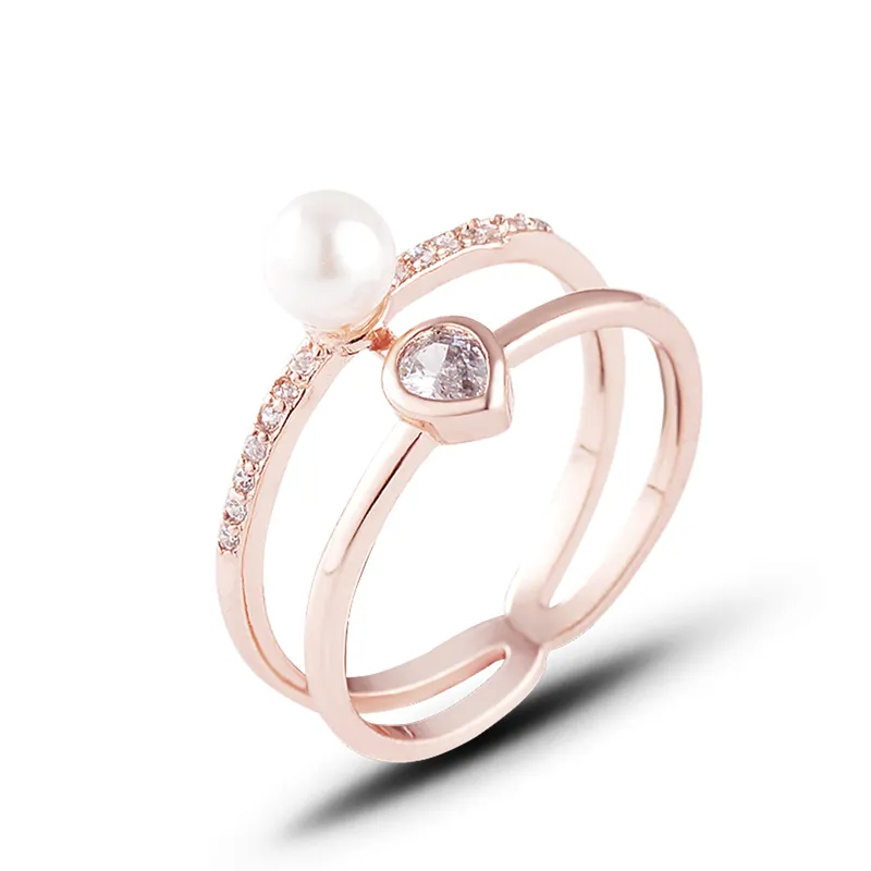 Модные ювелирные изделия кольцо металлические медные полого двойного круга четкий бриллиант циркона с жемчугом кольцо для домашнего кольца для домашних украшений размером 6-9