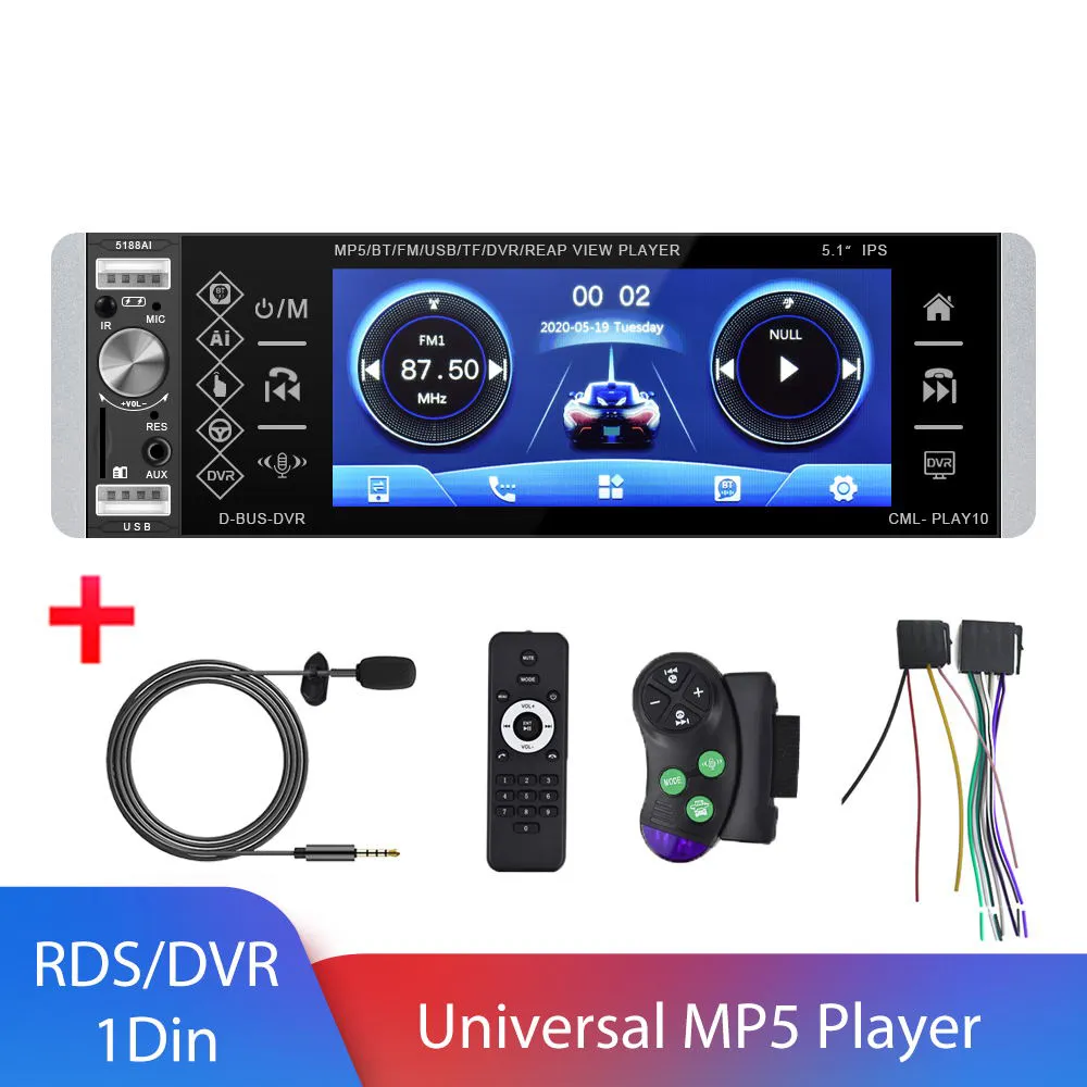 1 DIN 5.1 '' Universele RDS MP5 Autoradio Player Muziek Movie Player Voice Assistant met FM USB SD DVR Touch-scherm