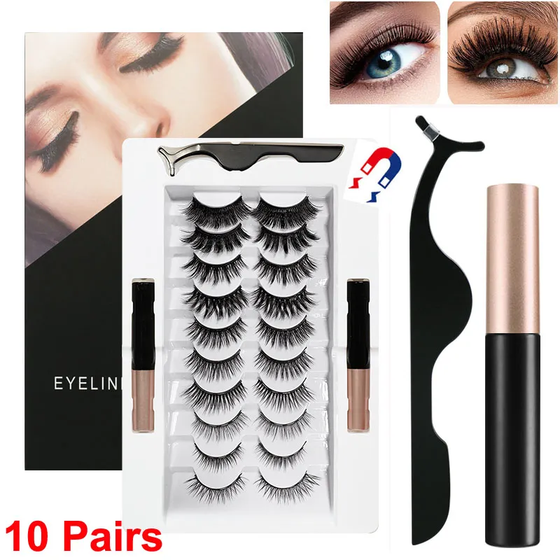 Magnetiska ögonfransar med eyeliner kit 10 par naturliga utseende fransar smink återanvändbara olika långa och korta stilar falska ögonfransar inget lim